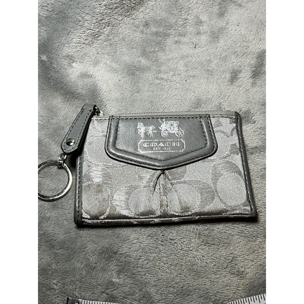 Coach Gray Signature Card Case Keychain Wallet Zip Coin Purse Compact Small